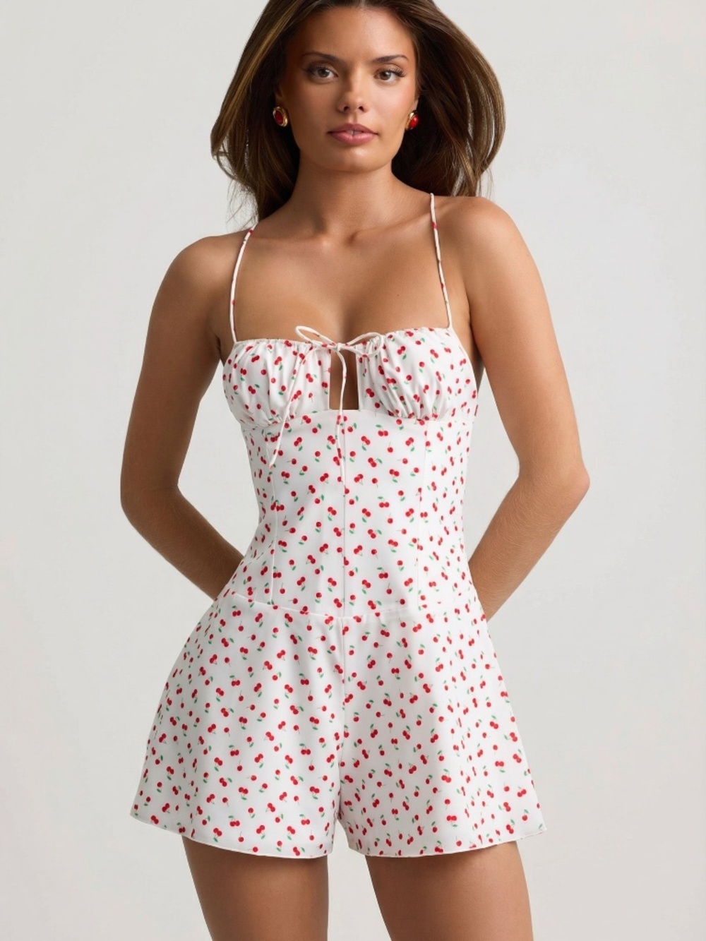 Oh Polly Ruched Backless Playsuit in Cherry Print 6